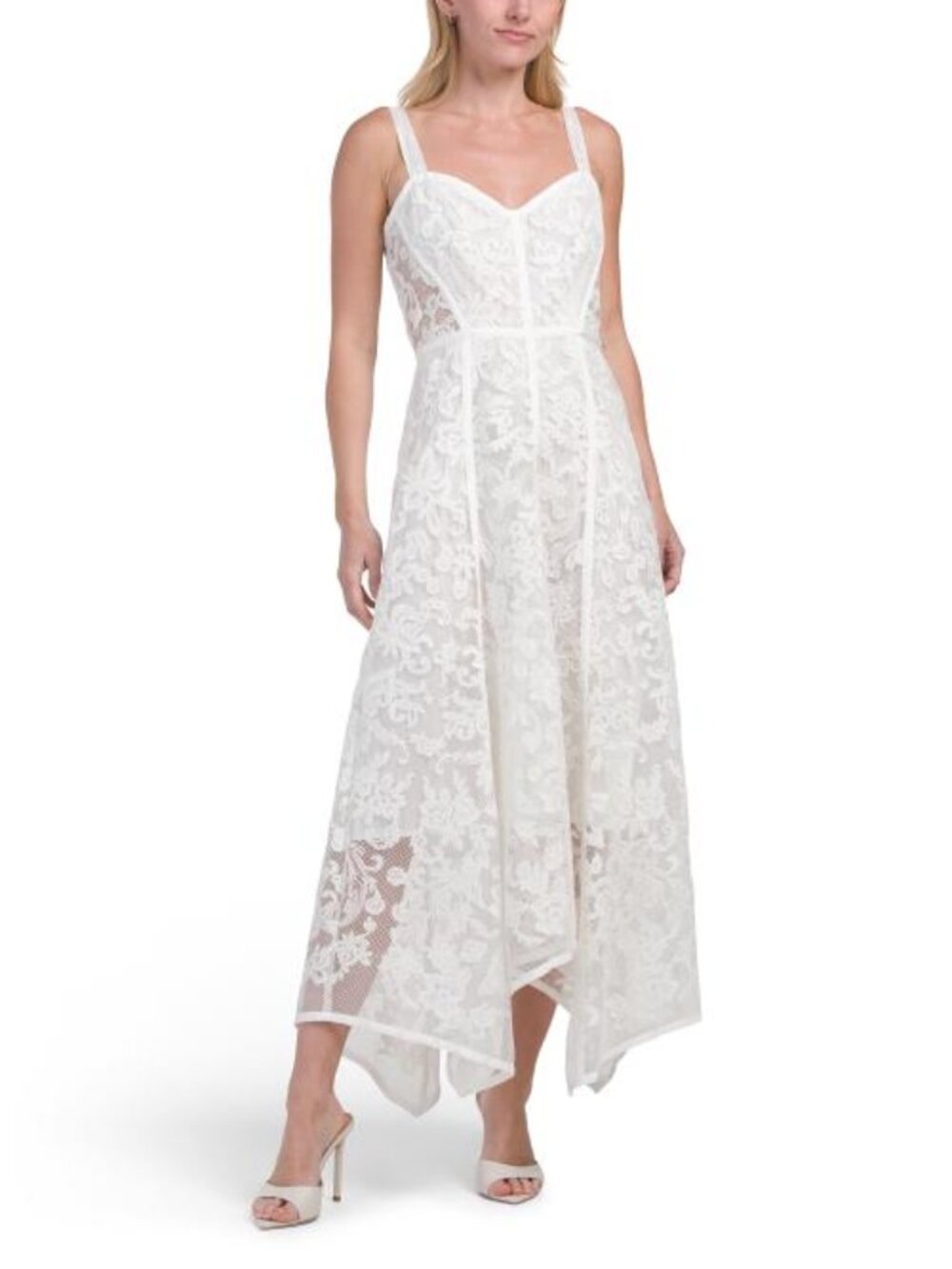 MARCHESA ROSA Ribbon Strap Corded Lace Handkerchief Hem Midi Dress